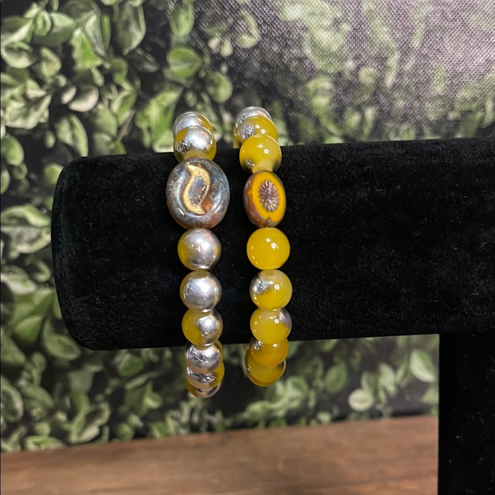 Silver and yellow glass bead bracelet set
